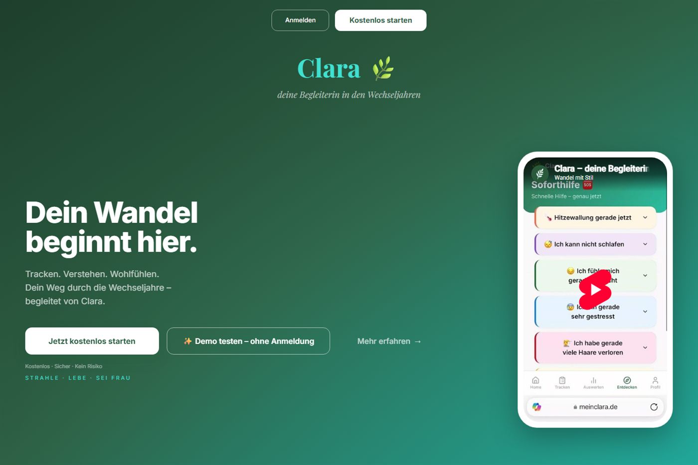 Startseite von meinclara.de: Tracken. Verstehen. Wohlfühlen. Mit Soforthilfe-Funktion