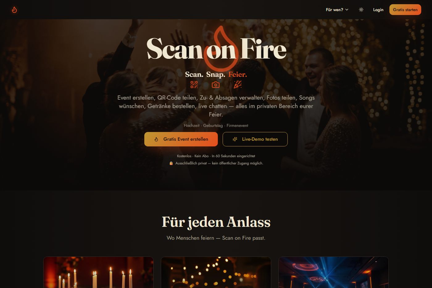 Startseite von scanonfire.de: Event erstellen, QR-Code teilen, Fotos teilen, Songs wünschen