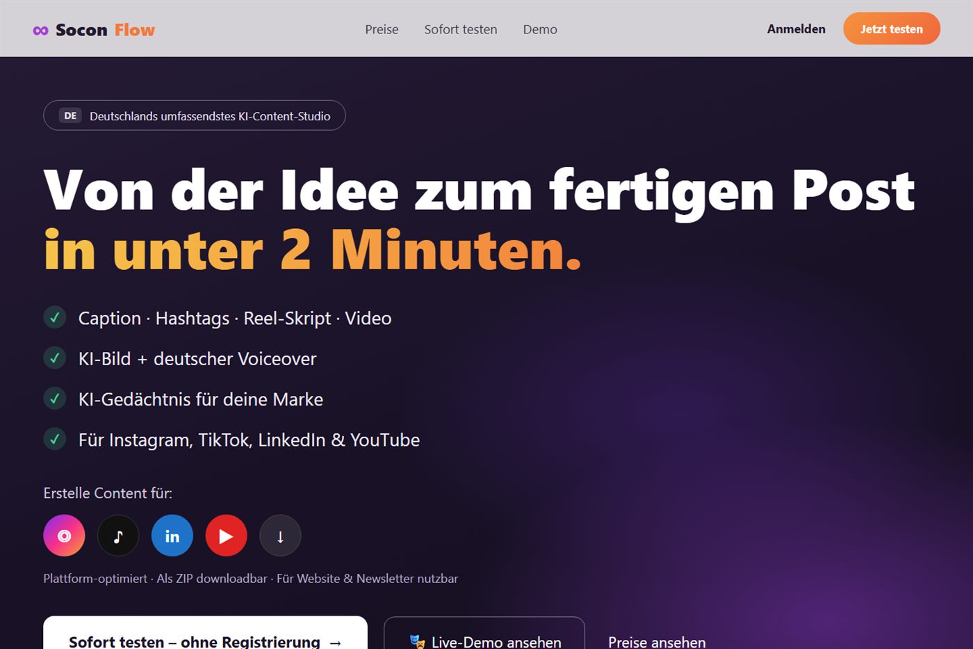 SoconFlow Startansicht: Caption, Hashtags, Reel-Skript, KI-Bild und deutscher Voiceover für Instagram, TikTok, LinkedIn und YouTube