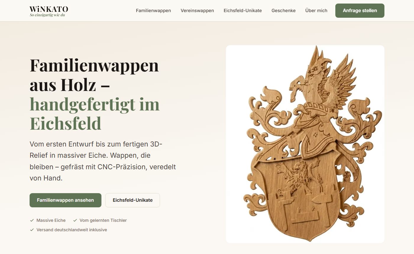 Startseite von winkato.de: eigener Onlineshop für Familienwappen aus Holz, gebaut und live im Einsatz